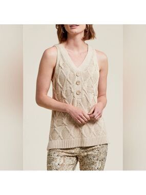 Tribal Beige Knit Fisherman Sweater Vest XS